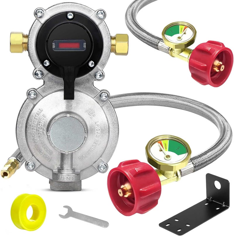 MEFUN RV Propane 2-Stage Auto Changeover LP Propane Gas Regulator with Two 18" RV Pigtail Propane Stainless Braided Hoses with Gauge, Dual Propane Tank Regulator for RVs, Vans, Trailers,Camper - Image 1